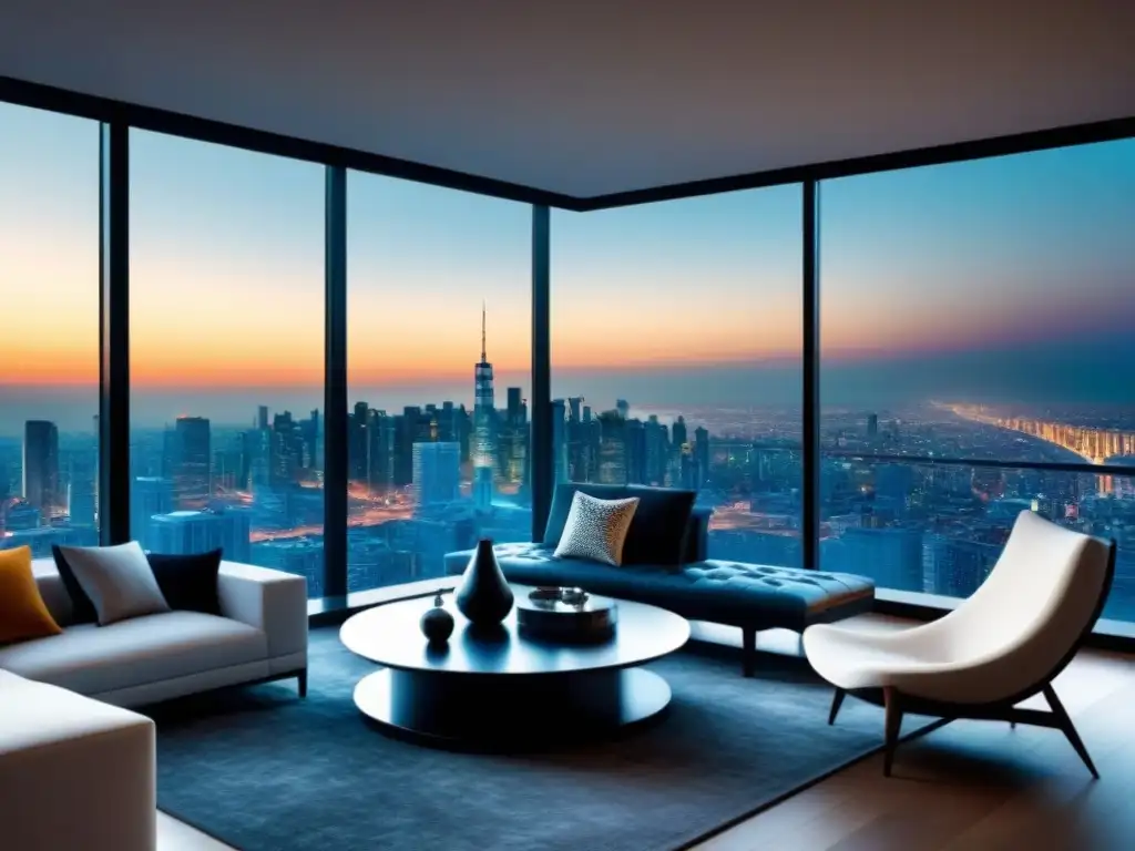 Penthouse moderno con vista a la ciudad: elegancia contemporánea Suntuoso salón penthouse moderno con vista panorámica a la ciudad y muebles de diseño, ideal para atraer compradores propiedades lujo