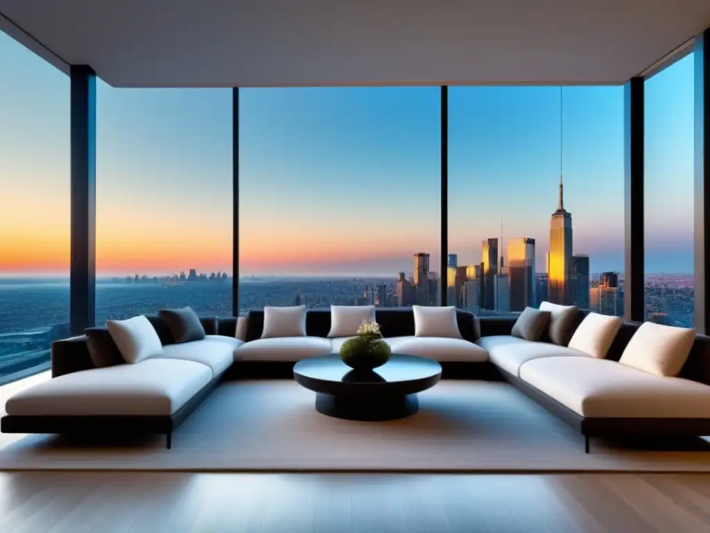 Penthouse de lujo: diseño elegante y vistas panorámicas en la gran ciudad Suntuoso penthouse moderno con vista panorámica de la ciudad