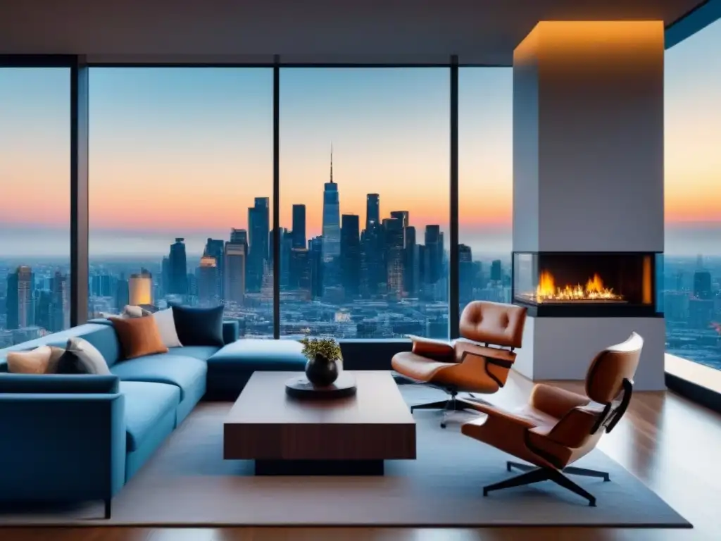 Penthouse de lujo con vista panorámica y tecnología de realidad virtual Suntuoso salón de un ático moderno con vistas panorámicas a la ciudad y toques de Realidad Virtual en venta inmobiliaria