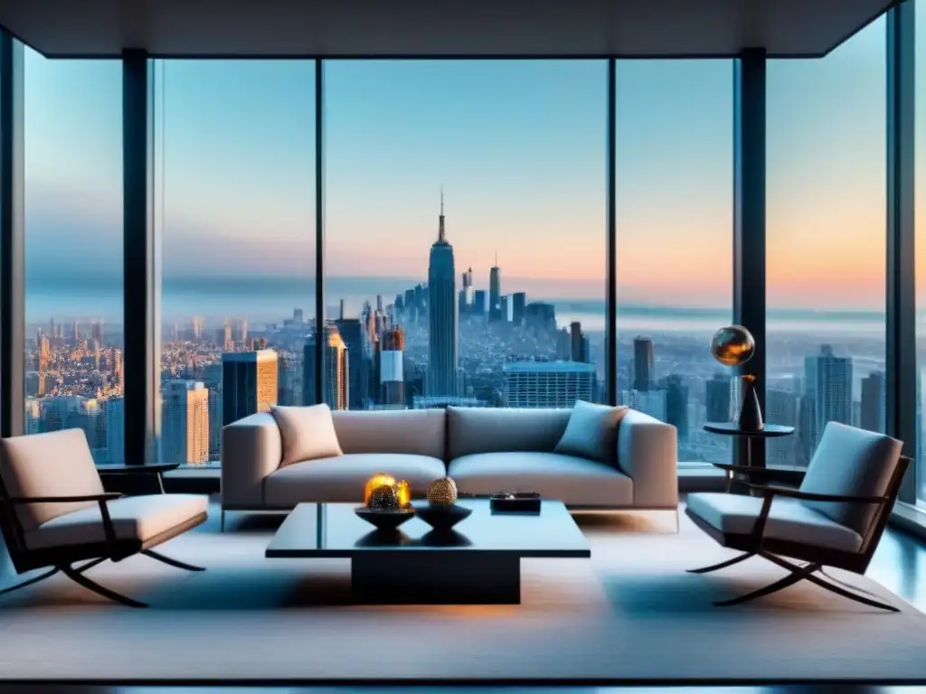 Sala de estar de lujo con vista urbana impresionante Suntuoso salón moderno en un apartamento de altura con vista panorámica a la ciudad