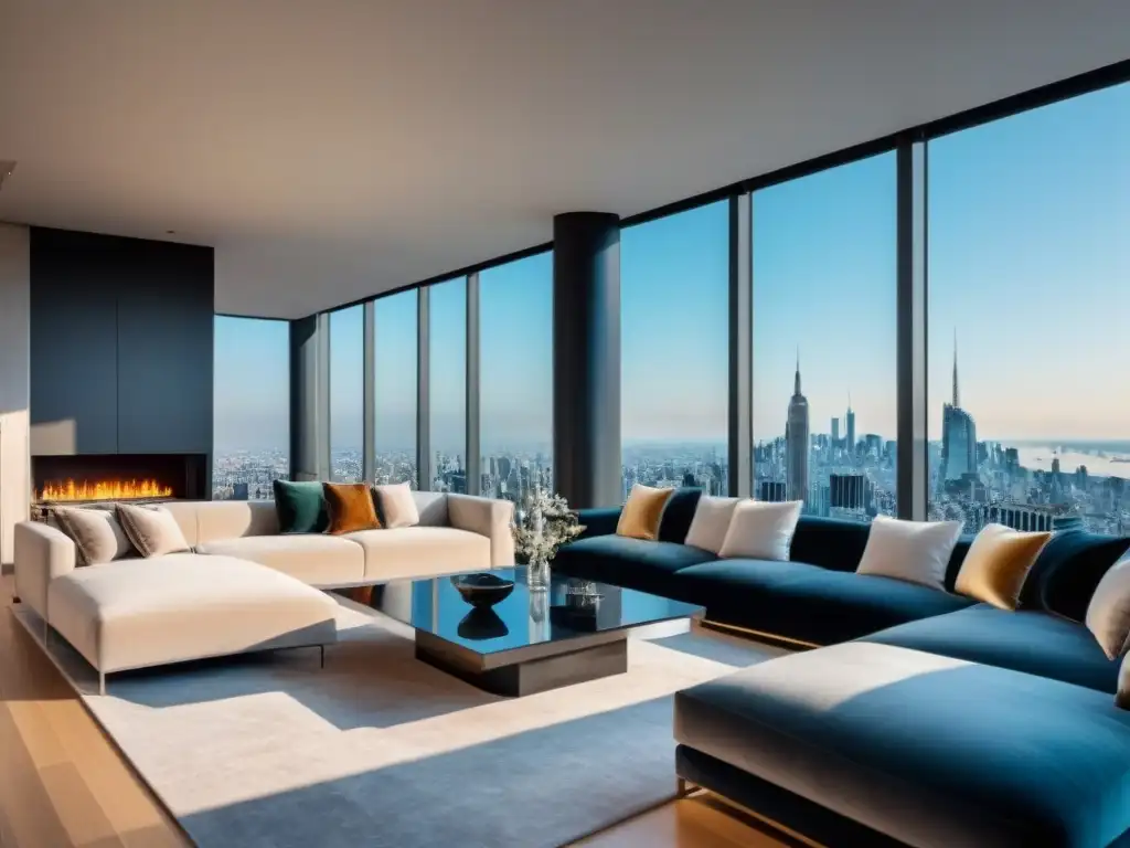 Salón de lujo en penthouse con vista panorámica de la ciudad Suntuoso salón moderno en ático de lujo con vista a la ciudad, muebles de diseño y arte en las paredes, bañado en luz natural