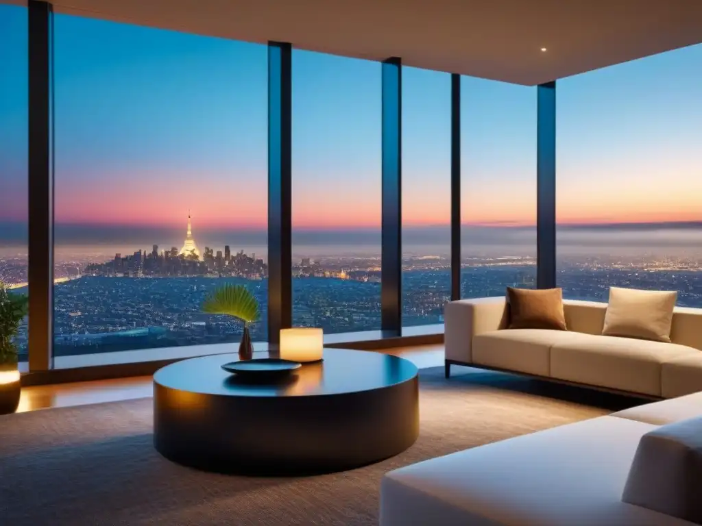 Sala de estar de lujo con vista a la ciudad al atardecer Suntuoso salón moderno en propiedad exclusiva con diseño y decoración de lujo