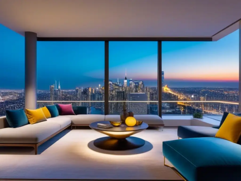 Sala de estar de lujo en un rascacielos con vista a la ciudad de noche Suntuoso salón moderno en un rascacielos con vista nocturna de la ciudad y decoración elegante, ideal para atraer a compradores de lujo