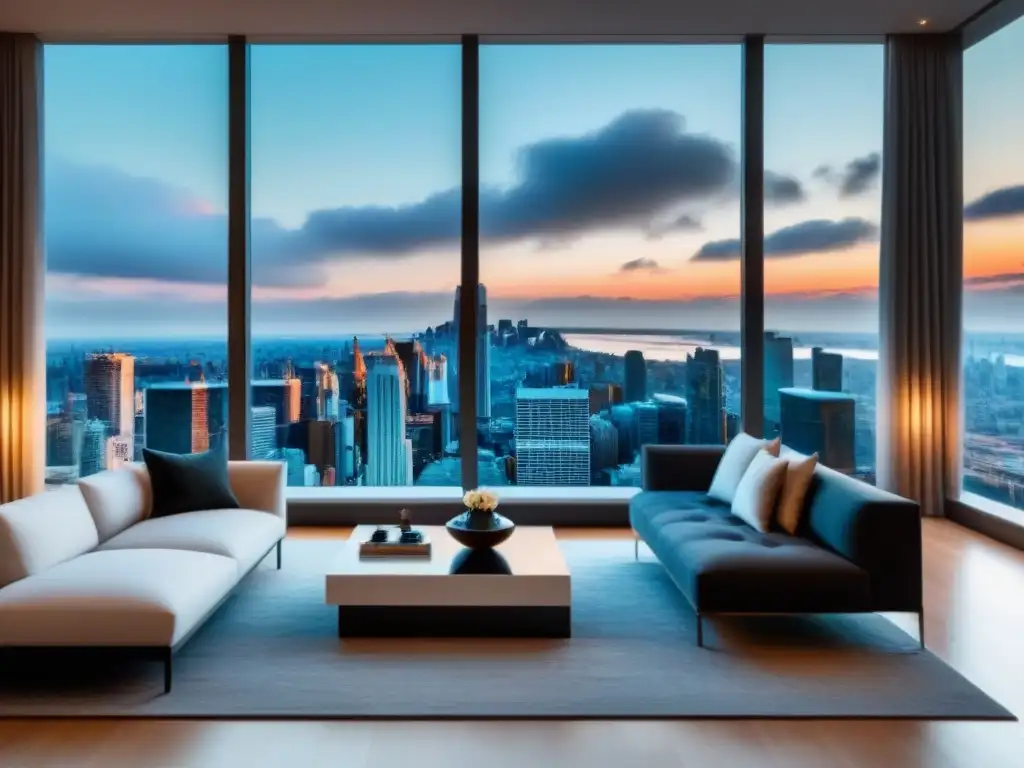 Salón moderno de lujo con vista panorámica a la ciudad Suntuoso salón moderno con vista panorámica a la ciudad, mobiliario contemporáneo y elegante decoración en tonos grises, blancos y metálicos