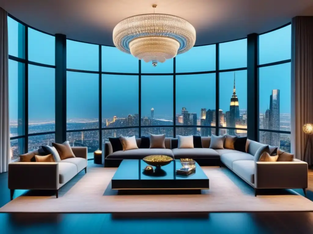 Sala de estar de lujo con vistas a la ciudad de noche Suntuoso salón moderno con vistas nocturnas a la ciudad