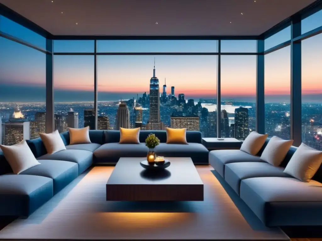 Salón de lujo en penthouse con vista nocturna a la ciudad Suntuoso salón en penthouse renovado con vista nocturna de la ciudad
