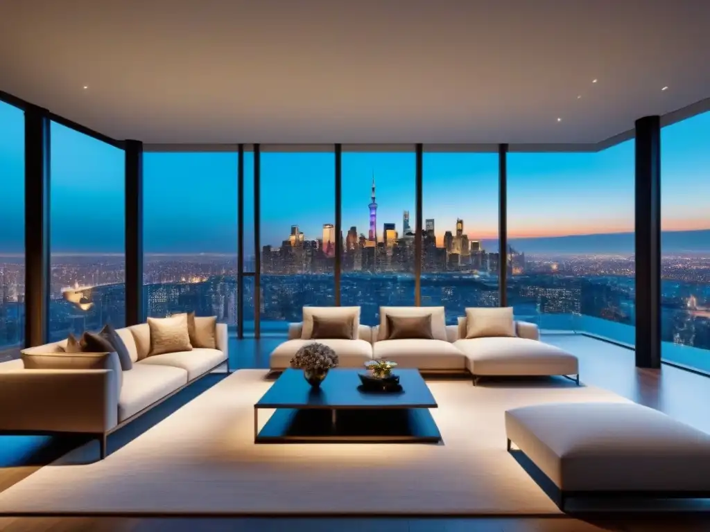 Salón de lujo con vista panorámica al atardecer Suntuoso salón con vista a la ciudad al atardecer