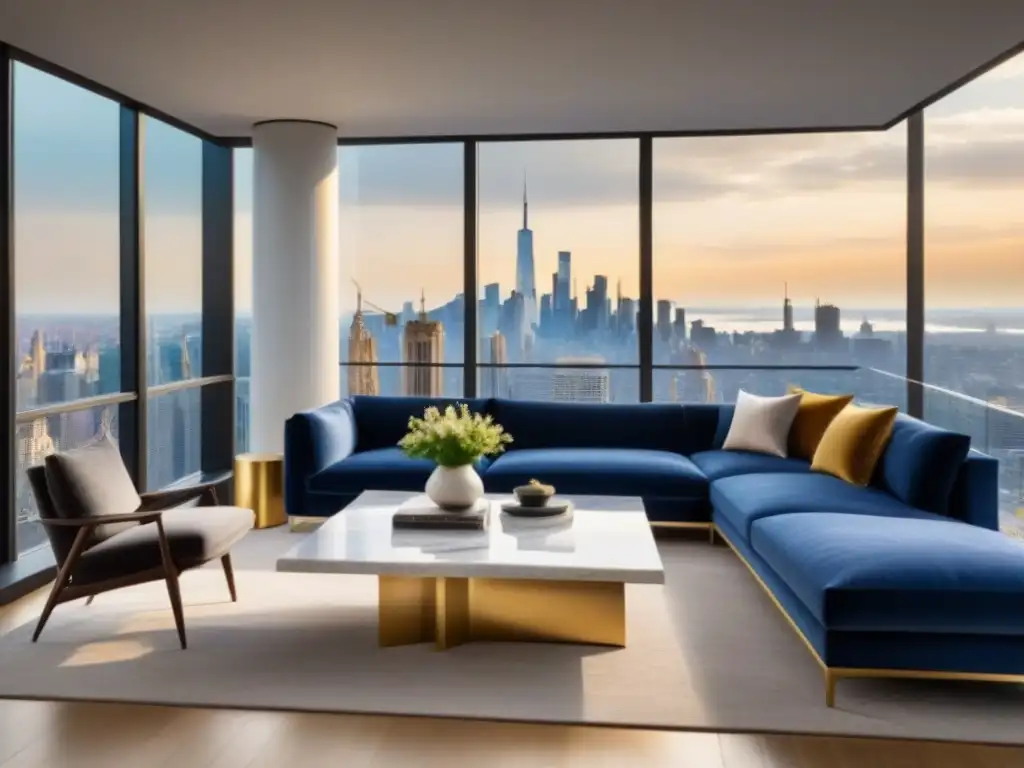 Penthouse de lujo con vista a la ciudad: sofisticado y moderno Suntuoso salón penthouse con vista a la ciudad, decorado con elegancia y estilo contemporáneo