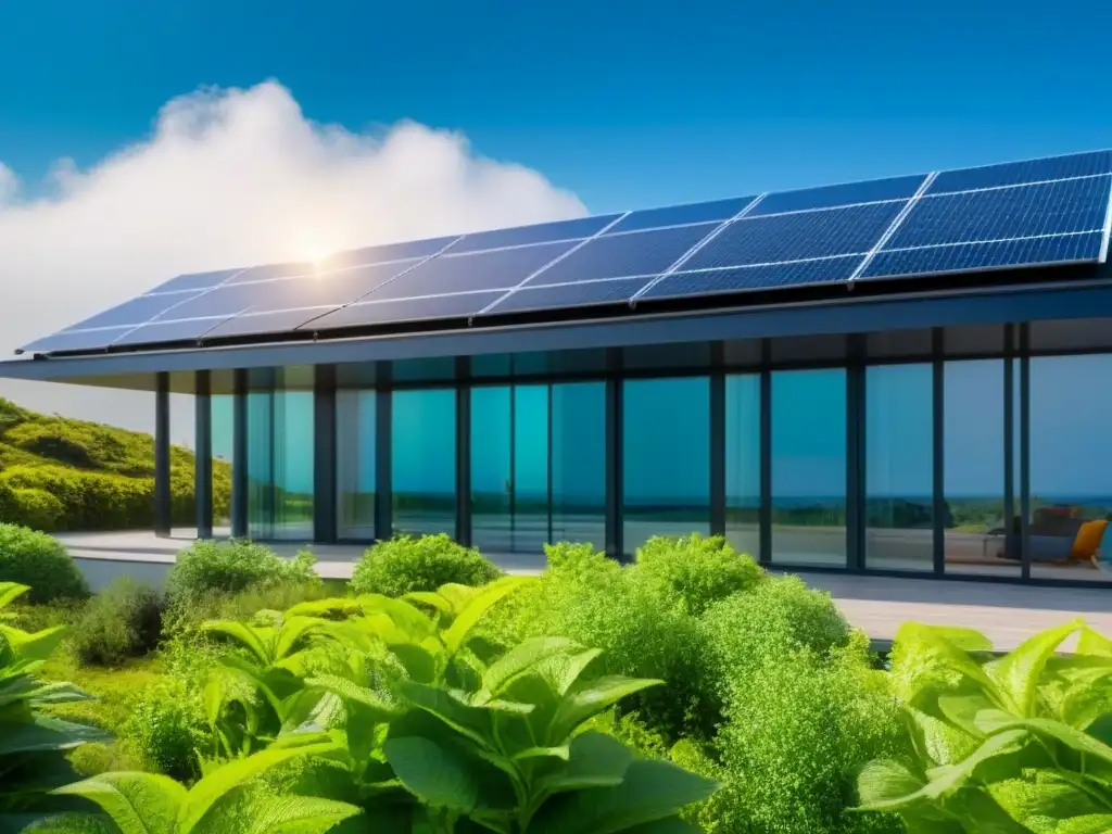 Edificio verde LEED: sostenibilidad y arquitectura moderna Edificación sustentable con certificaciones de construcción verde, paneles solares y vegetación exuberante bajo cielos azules