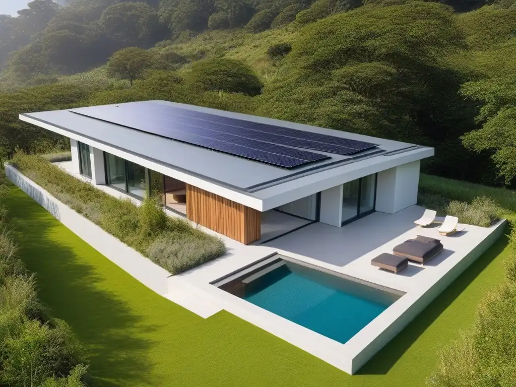 Renovación sostenible: hogar moderno con tecnología eco Renovación sustentable con paneles solares, techo verde y tecnología inteligente, rodeada de vegetación