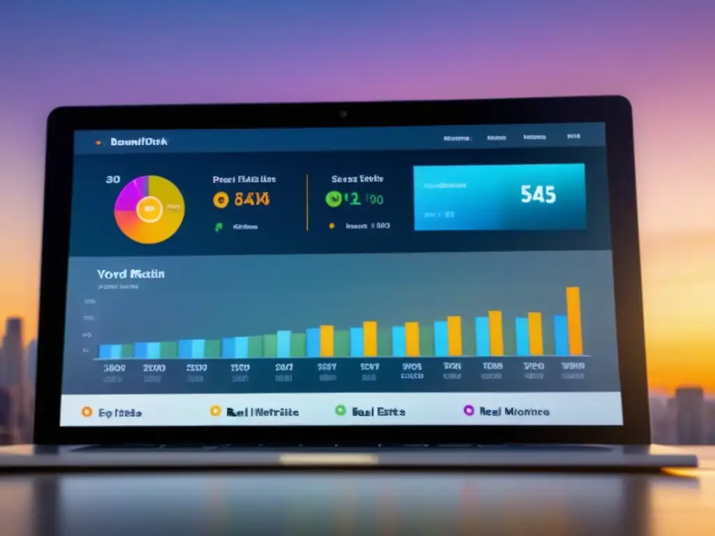 Panel digital de SEO inmobiliario: gráficos detallados en 8k Tablero digital SEO para bienes raíces avanzado con gráficos interactivos y métricas de tráfico web