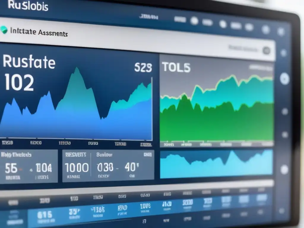 Panel de riesgos inmobiliarios: herramientas de gestión detalladas en 8k Un tablero digital moderno y detallado para la gestión de riesgos en inversión inmobiliaria, con gráficos interactivos y análisis financiero
