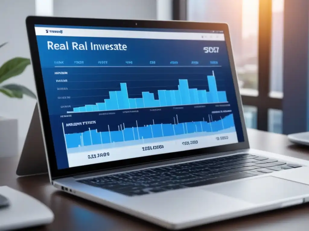 Panel digital 8k de inversión inmobiliaria: datos y gráficos en tiempo real Un tablero digital moderno y elegante muestra datos e análisis de inversiones inmobiliarias online en tiempo real, en una paleta de colores sofisticada de azules y blancos