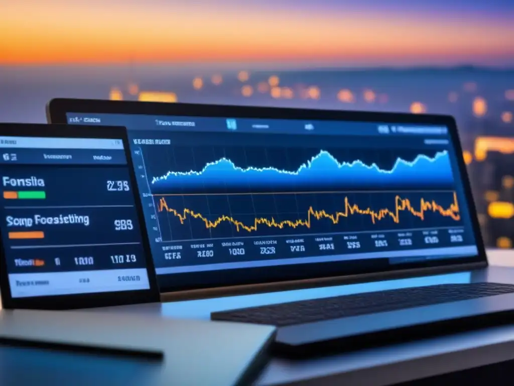 Tablero de Pronóstico Financiero para Inversiones Inmobiliarias en 8k Un tablero financiero futurista con modelos pronóstico financiero inversiones inmobiliarias