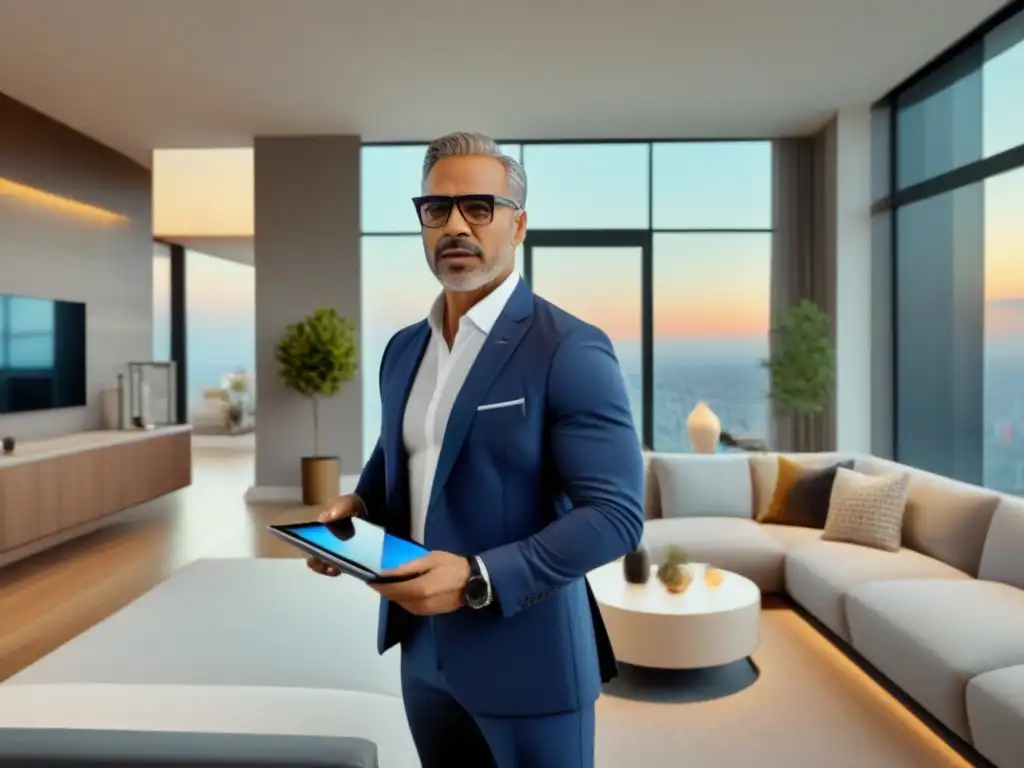 Valoración inmobiliaria con realidad aumentada: lujo y tecnología Un tasador inmobiliario usa herramientas de tiempo real para evaluar un lujoso apartamento moderno