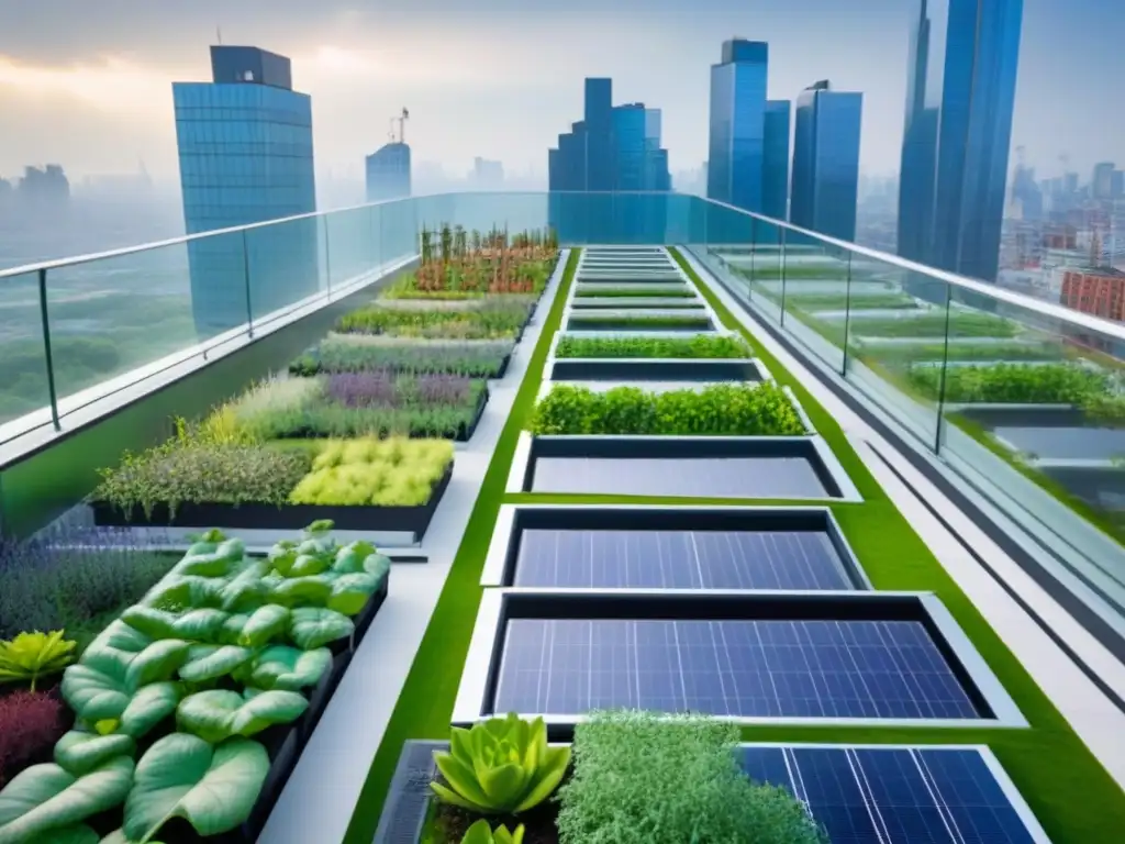 Jardín verde en edificio futurista: sostenibilidad urbana Un jardín de techo verde en un edificio futurista, con certificaciones verdes mercado inmobiliario