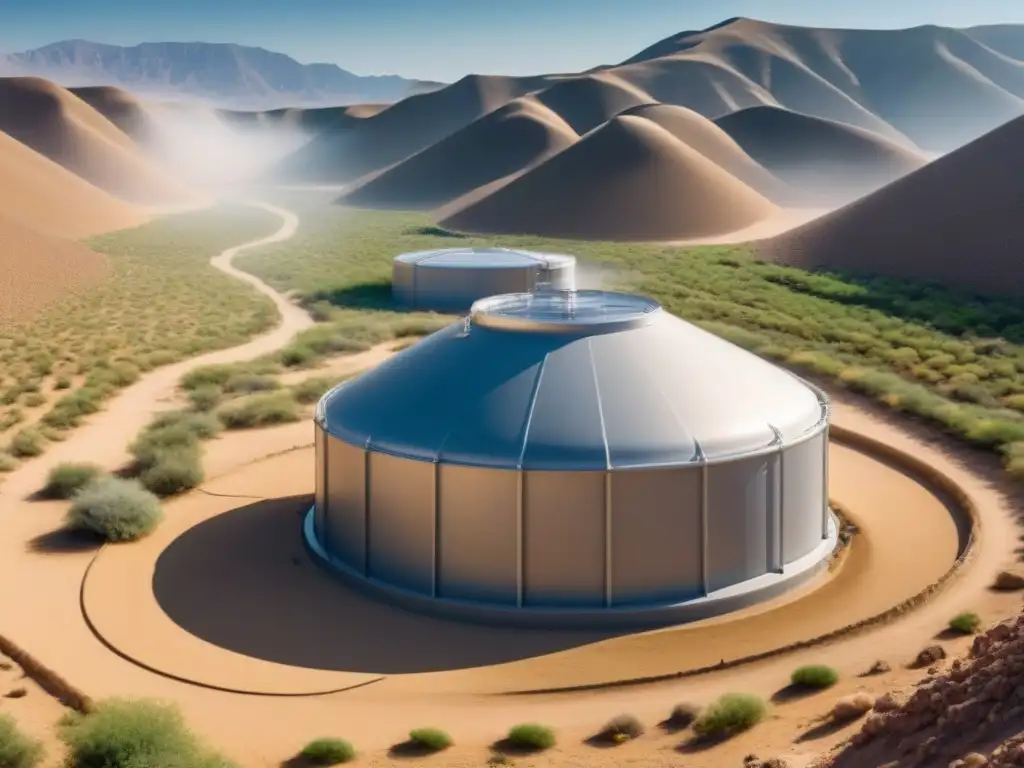 Avanzado sistema de recolección de agua en desierto Técnicas de recolección de agua de lluvia en zonas áridas: sistema sofisticado integrado en paisaje desértico