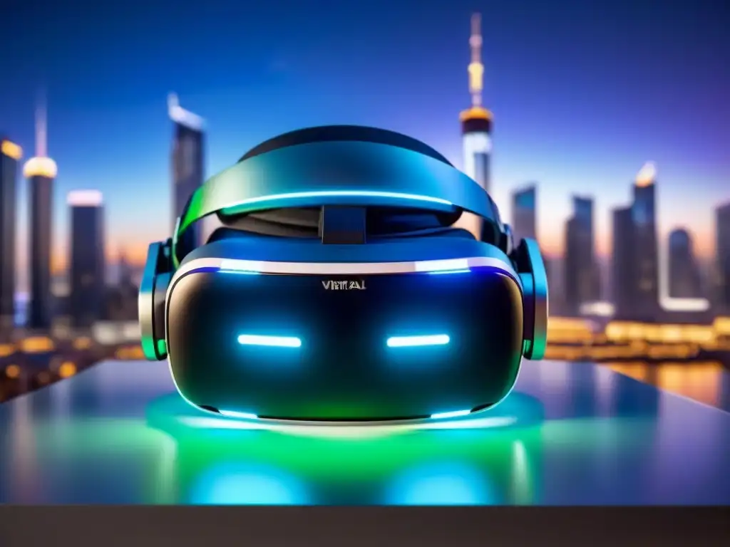 Headset de Realidad Virtual Futurista con Gráficos Educativos Inversión en tecnología de Realidad Virtual: Un casco futurista con gráficos holográficos en una ciudad digital