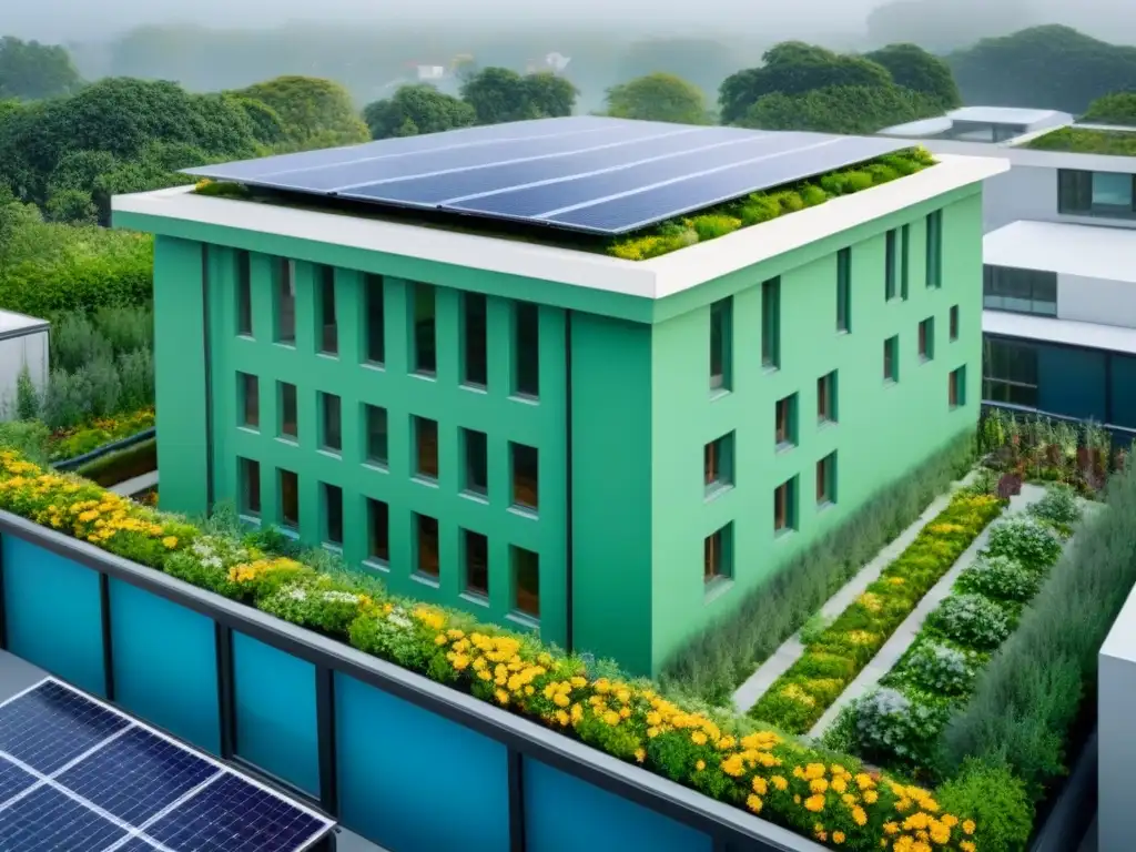 Edificio urbano moderno con jardín verde en la azotea Tejado verde con variedad de plantas, paneles solares y sistemas de recolección de agua