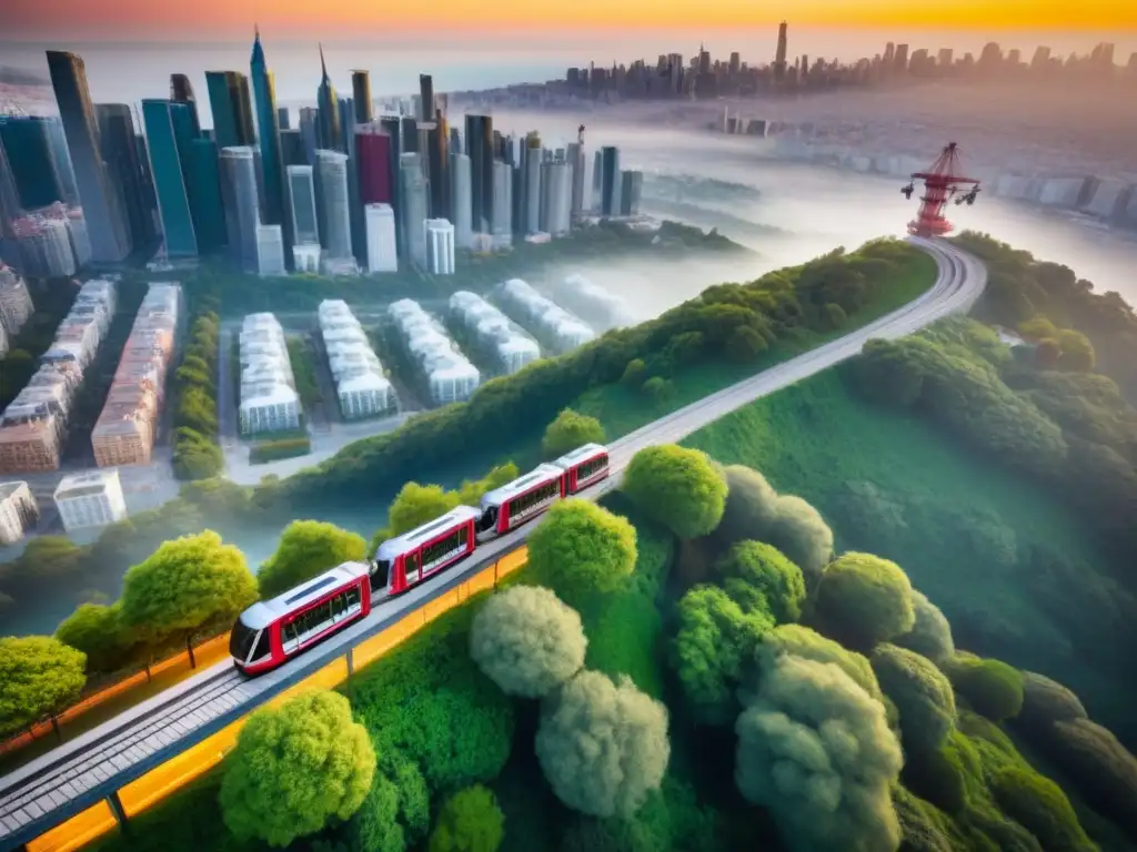Vista aérea impresionante de una ciudad moderna con sistema de teleférico futurista Teleféricos urbanos residenciales integrados en una ciudad moderna y vibrante al atardecer