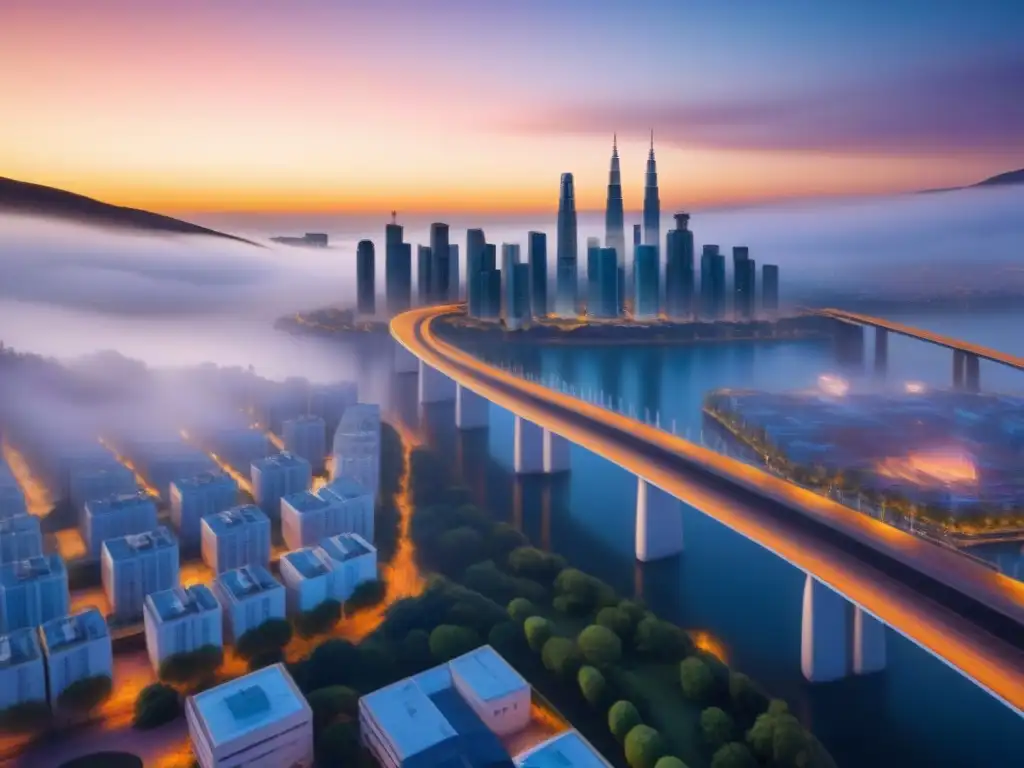 Teleféricos futuristas en paisaje urbano innovador Teleféricos urbanos residenciales fusionan innovación y progreso en un paisaje urbano moderno al atardecer