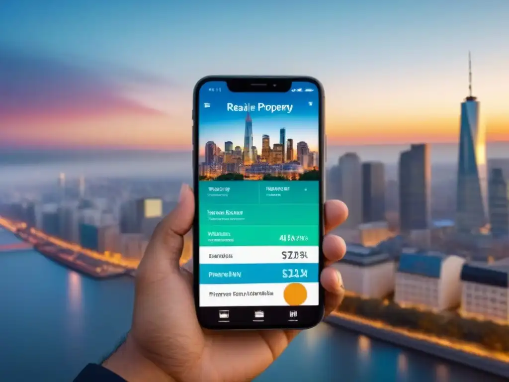 App de valoración inmobiliaria revolucionaria en la ciudad Teléfono inteligente mostrando app de valoración inmobiliaria avanzada, con ciudad vibrante de fondo