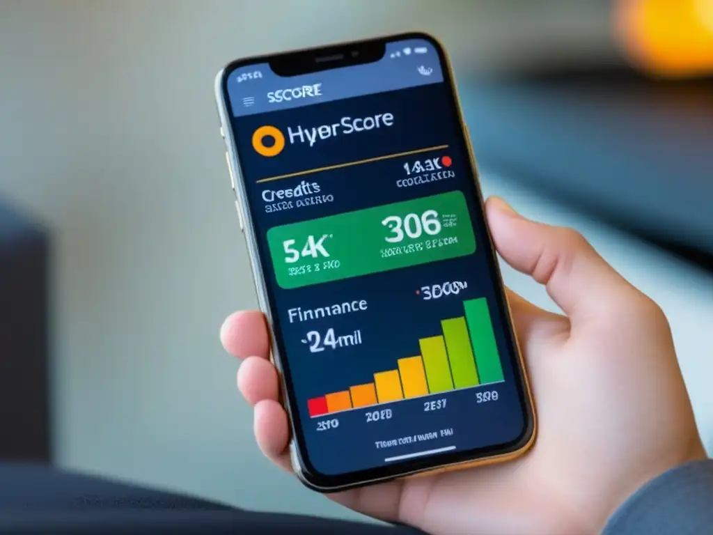 Monitor de crédito: tendencias y consejos de refinanciamiento Teléfono inteligente moderno mostrando impacto refinanciamiento en puntuación crédito en app educativa y profesional