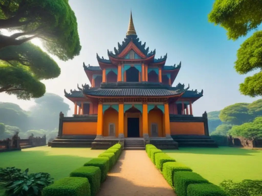 Templo antiguo rodeado de naturaleza exuberante Templo antiguo rodeado de vegetación exuberante, detallada arquitectura y colores vibrantes bajo cielo azul