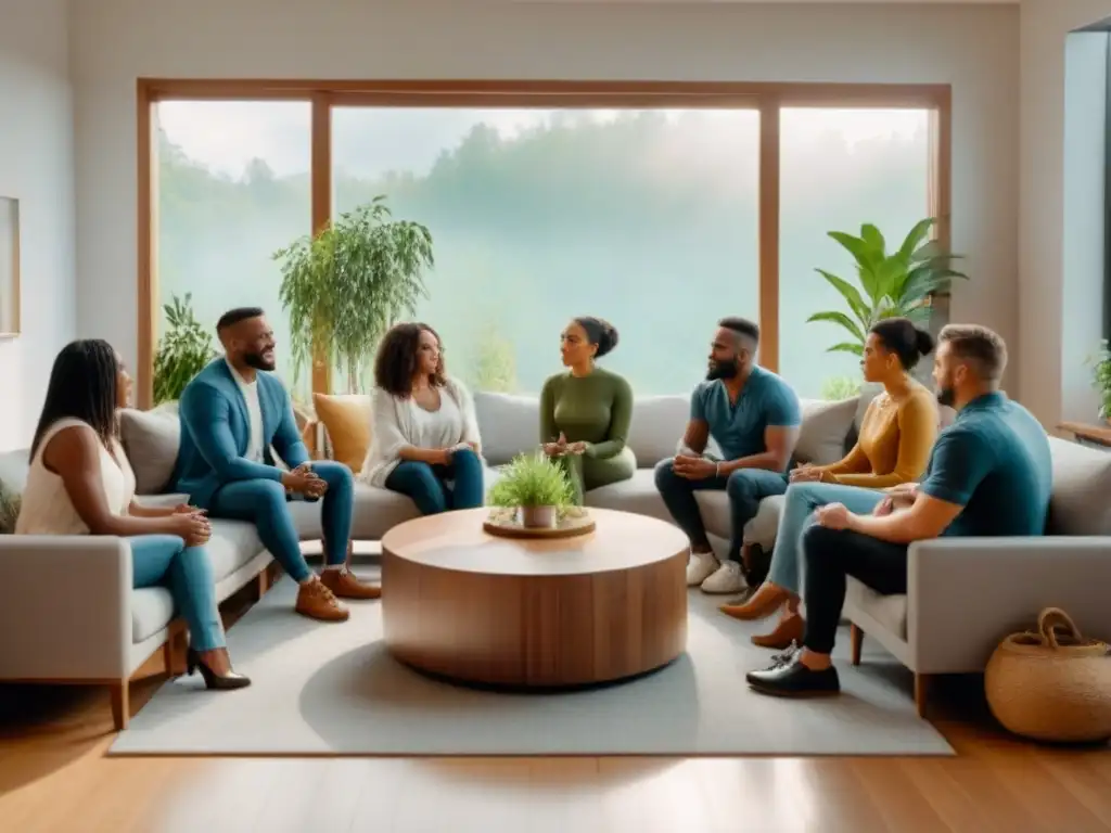 Círculo de apoyo y empatía en terapia de convivencia Sesión de terapia en coliving: grupo diverso comparte apoyo y empatía en ambiente acogedor
