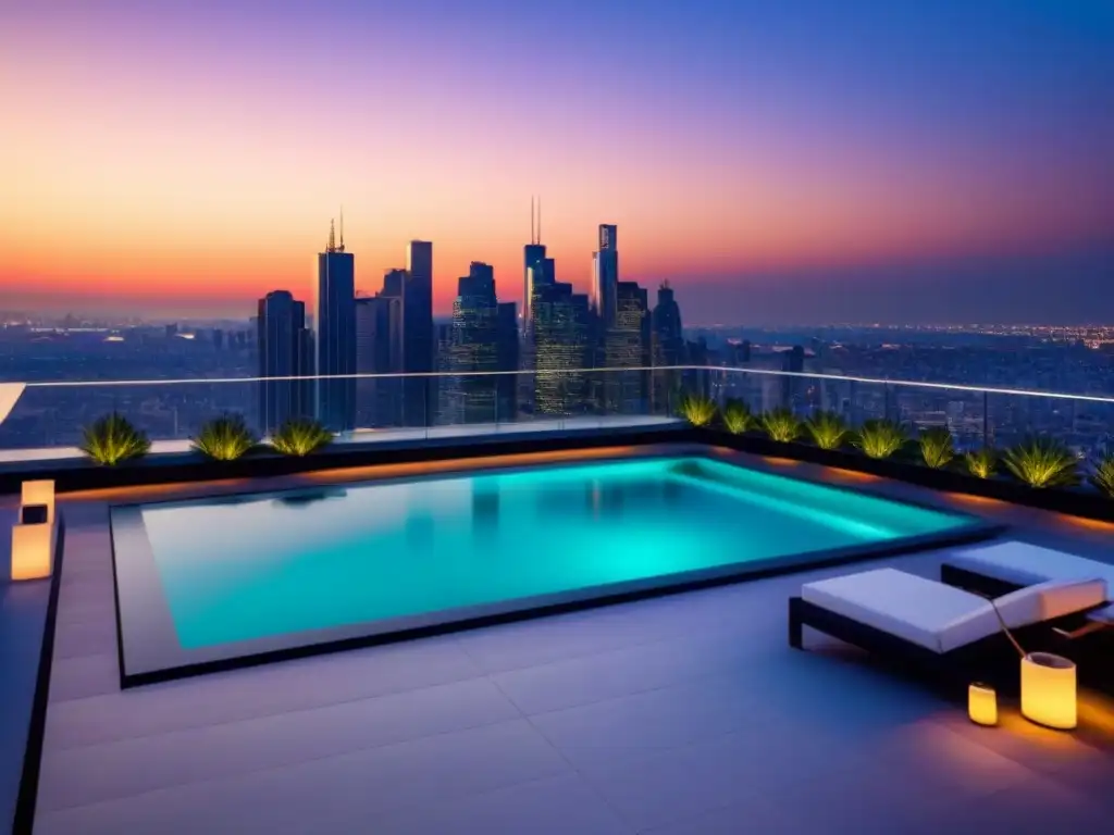 Terraza de lujo con piscina en azotea al atardecer Terraza de lujo con piscina en azotea, mobiliario moderno y vista urbana al atardecer