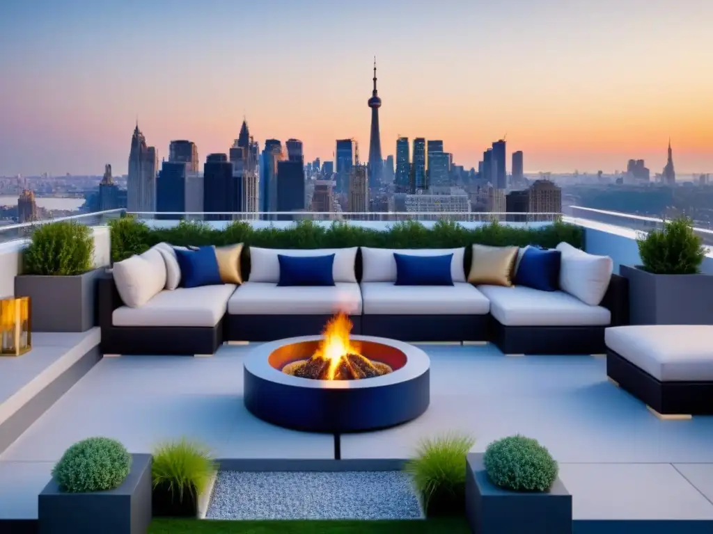 Terraza de lujo con vista a la ciudad al atardecer Terraza penthouse de lujo con vista urbana al atardecer