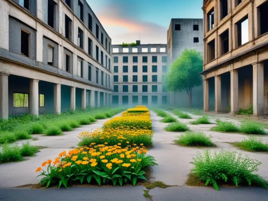 Renacimiento verde en un paisaje urbano abandonado Un terreno urbano abandonado transformado por la naturaleza, simbolizando la revitalización de espacios urbanos abandonados