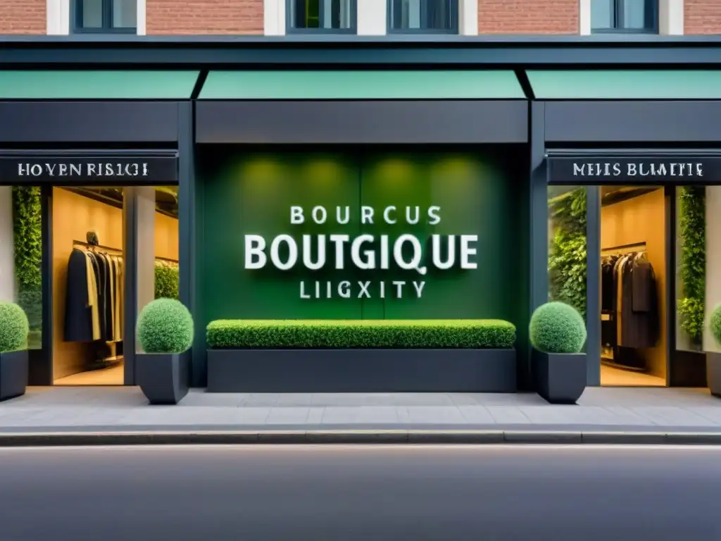 Boutique de lujo: escaparate exclusivo de diseño moderno y elegante Tienda de lujo con productos exclusivos y branding elegante, rodeada de vegetación exuberante, ideal para estrategias redes sociales mercado lujo