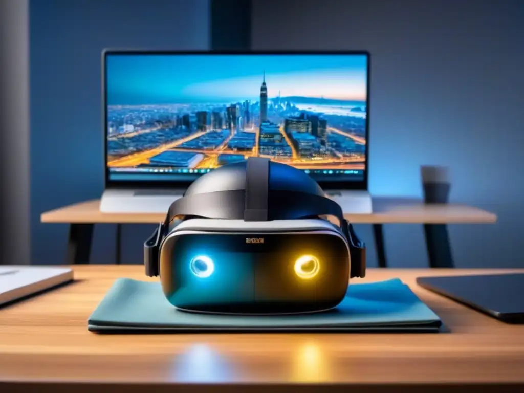 Inversión inmobiliaria online: realidad virtual de alta tecnología Inmersión total en estrategias inversión inmobiliaria online con casco VR futurista y tecnología avanzada