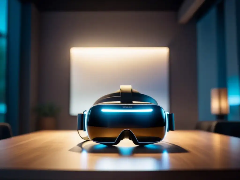 Headset de realidad virtual: diseño sofisticado en 8k Inmersión total en seguridad tours virtuales inmobiliarios con un casco de realidad virtual de diseño futurista en una mesa minimalista iluminada