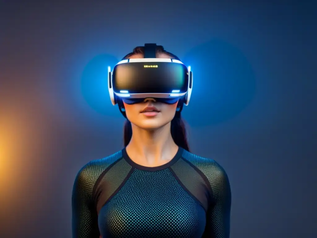 VR futurista con tour inmersivo en propiedad virtual Un tour virtual inmersivo de propiedades con visor futurista y tecnología avanzada para mejorar visitas virtuales propiedades IA
