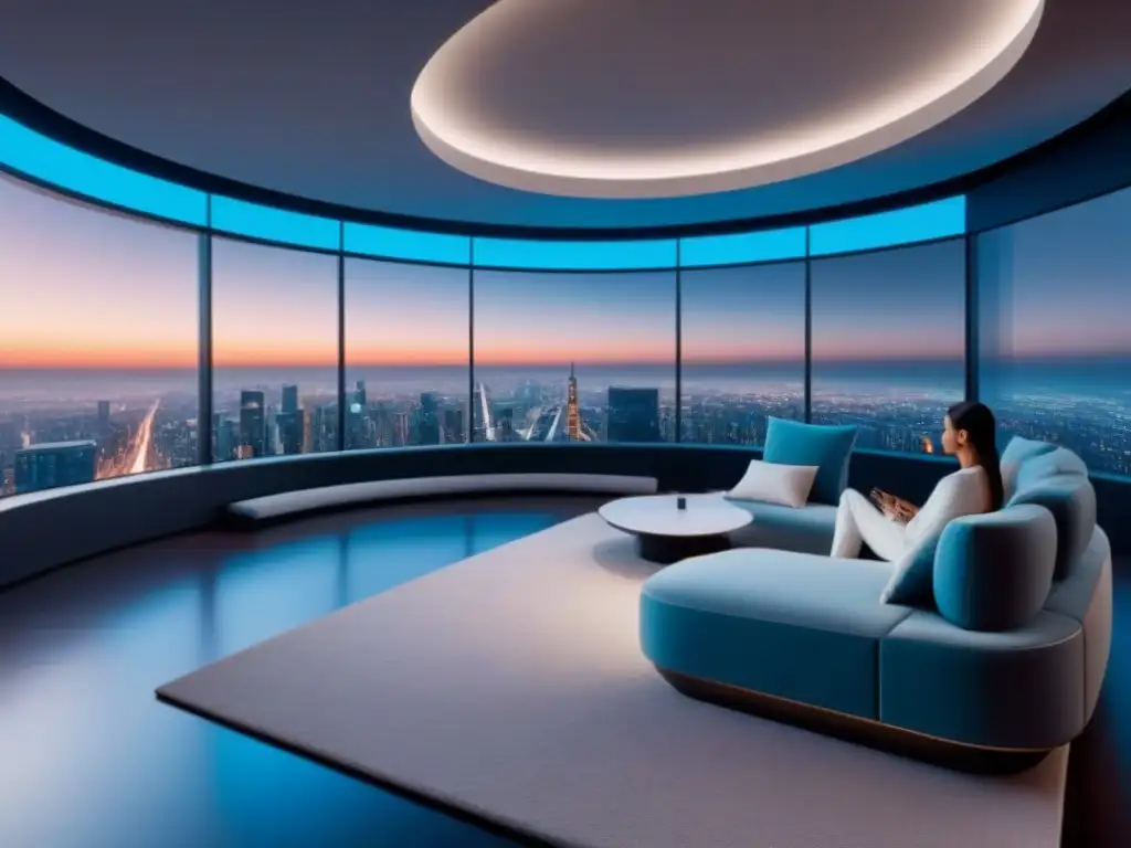 Exclusivo tour virtual 8k con tecnología vanguardista y diseño futurista Explora un tour virtual inmobiliario sin errores en una sala futurista con tecnología de vanguardia y lujo