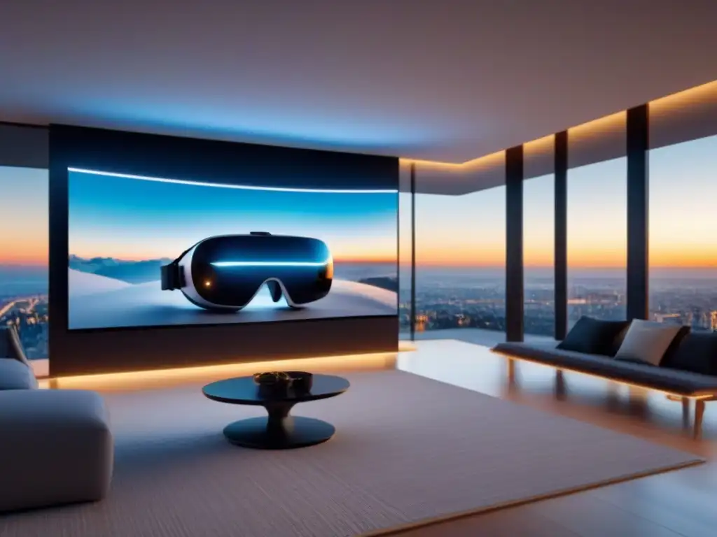 Tour virtual de casa inteligente futurista con tecnología AI avanzada Un tour virtual inmobiliario futurista con IA, mostrando un hogar inteligente de lujo en realidad virtual