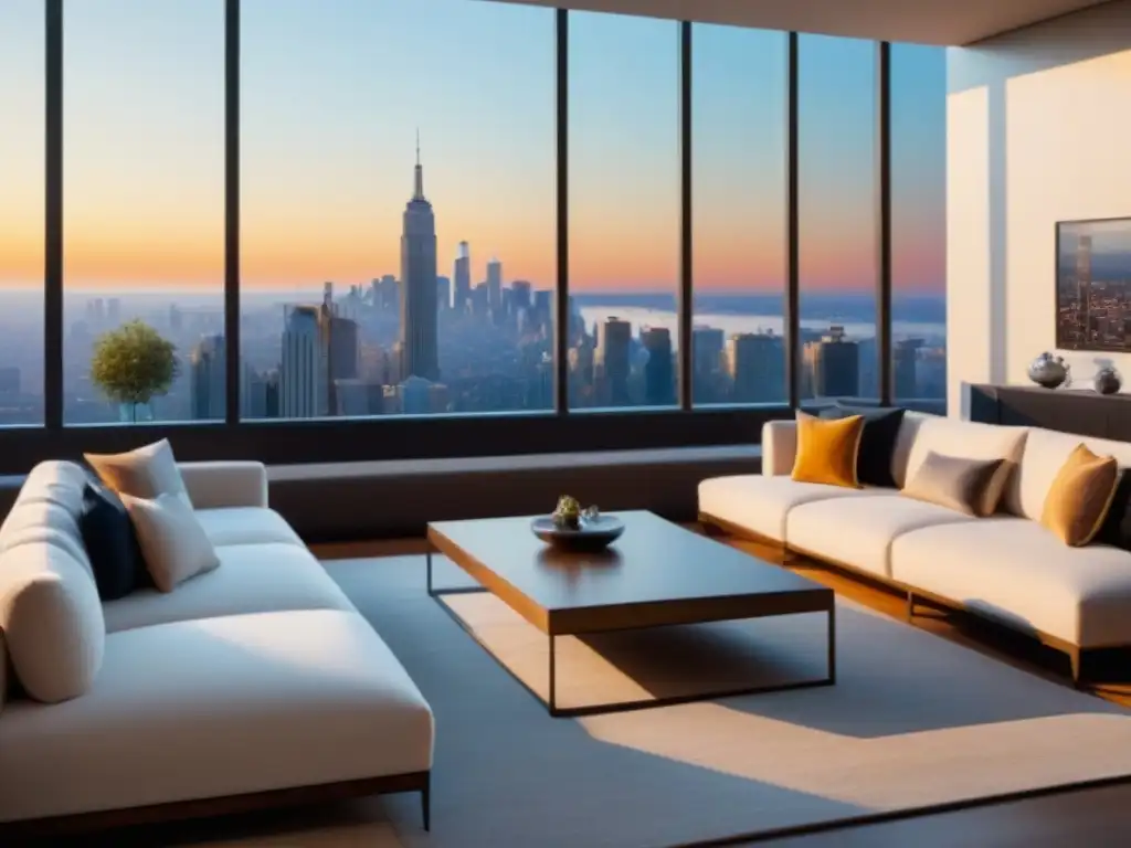 Tour virtual de lujo: Sala con vistas panorámicas al atardecer Tour virtual inmobiliario de lujo con vista a la ciudad al atardecer