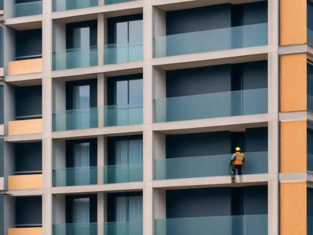 Renovación urbana: Edificio moderno en restauración Trabajadores con cascos reparan fachada de edificio urbano, resaltando incentivos fiscales rehabilitación viviendas