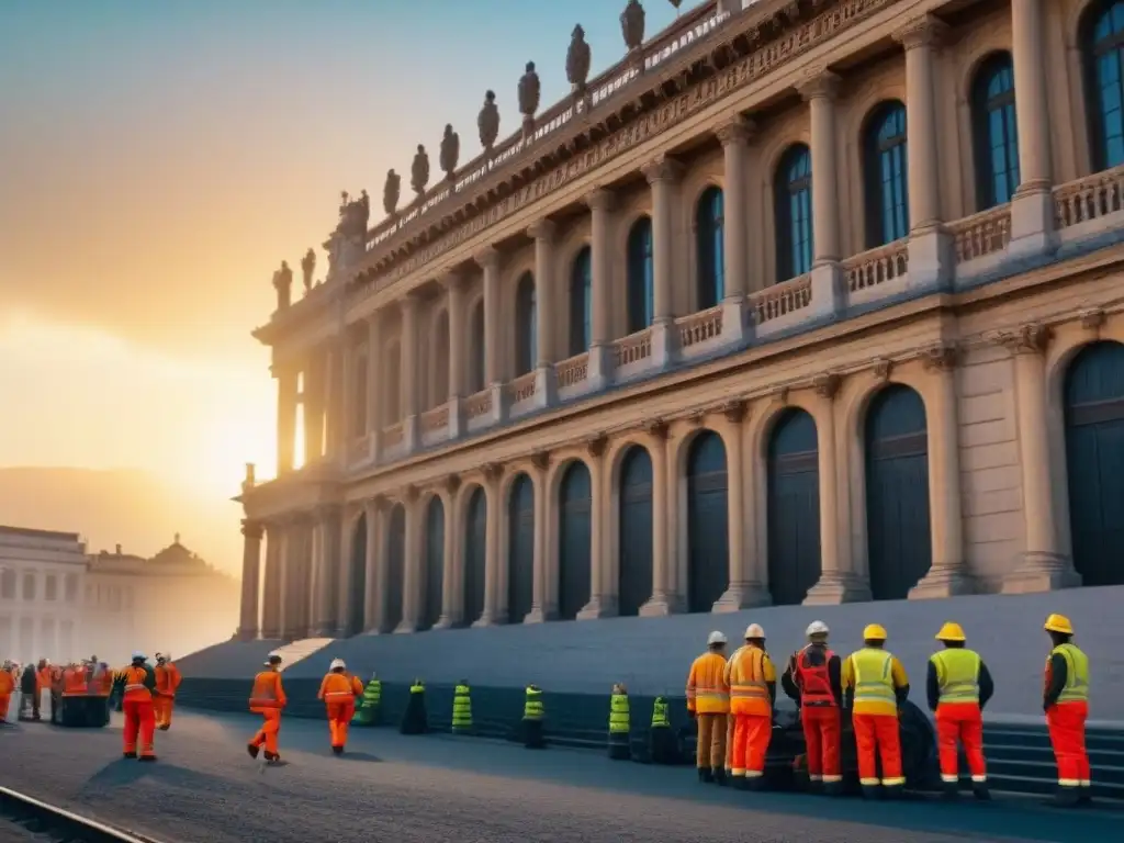 Restauración de edificio histórico al atardecer: tradición e innovación Trabajadores restaurando edificio histórico al atardecer, simbolizando tradición e innovación frente al cambio climático