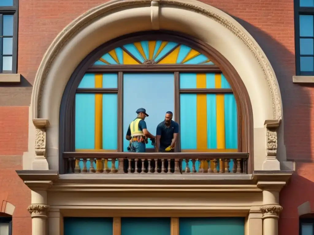 Restauración detallada de edificio histórico: arte y color Trabajadores restaurando un edificio histórico con detalle y dedicación