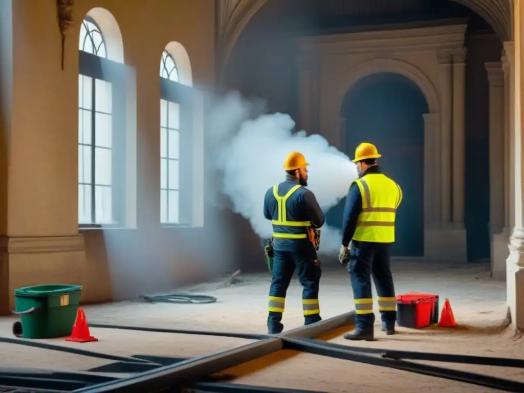 Renovación segura de edificio histórico: mezcla de historia y modernidad Trabajadores restaurando edificio histórico con equipo moderno, destacando la adaptación de espacios históricos