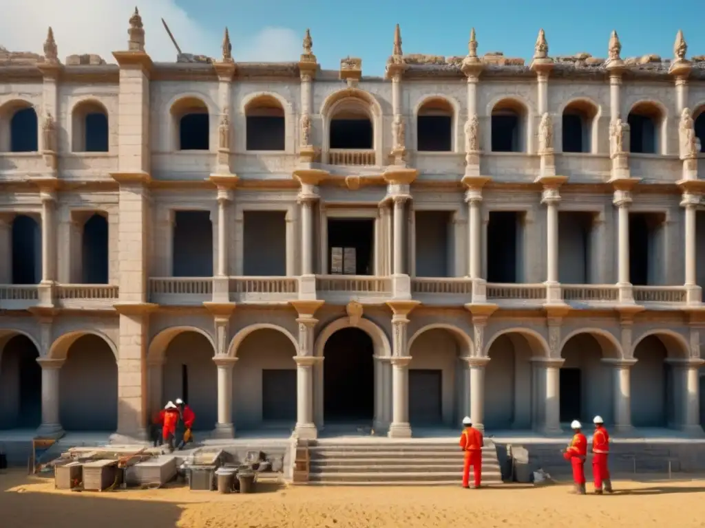 Restauración de edificio histórico: detalle y dedicación en 8k Trabajadores restaurando edificio histórico con incentivos fiscales, resaltando la dedicación y artesanía