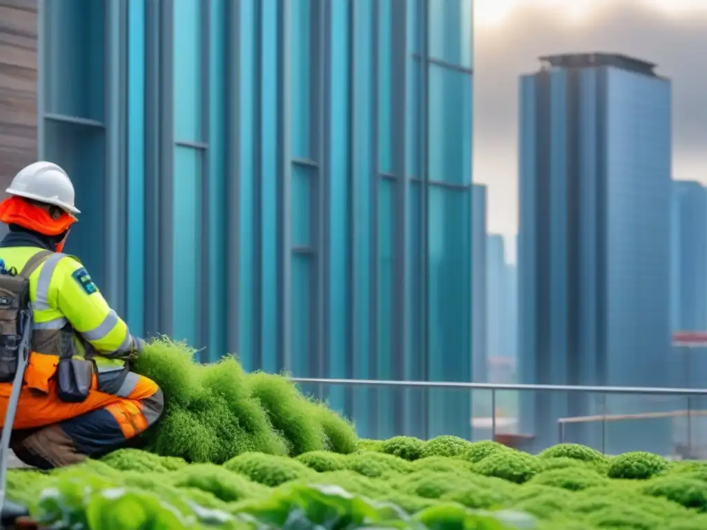 Trabajadores con materiales ecoamigables en construcción sostenible con tecnología verde