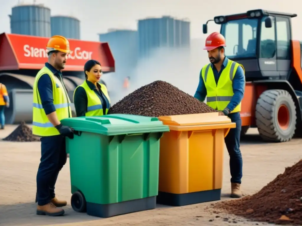 Site de construcción sostenible: reciclaje de residuos en acción Trabajadores en obra clasifican residuos en contenedores reciclaje, mostrando estrategias para reducir residuos construcción