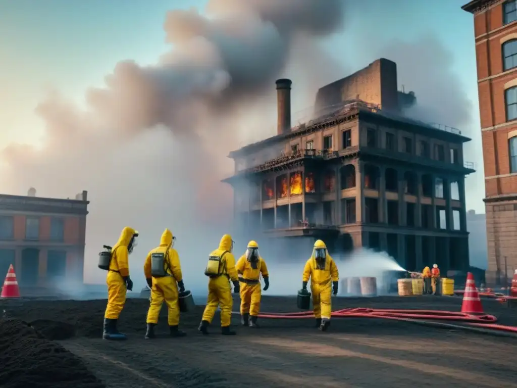 Restauración segura: trabajadores en trajes de hazmat en un sitio histórico Trabajadores en trajes de protección eliminan materiales peligrosos de edificio histórico