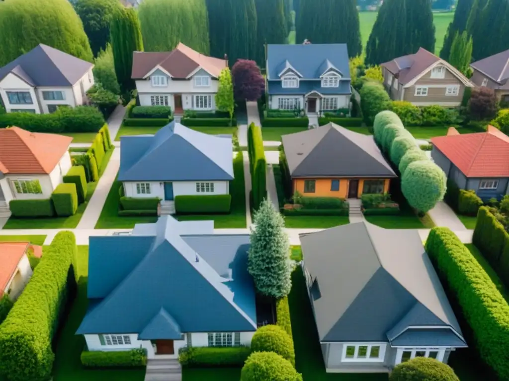Barrio suburbano diverso: casas, jardines y parques bajo el cielo azul Un tranquilo vecindario suburbano con hermosos jardines, casas y parques, bajo un cielo azul