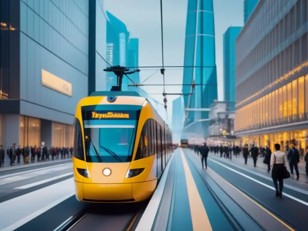 Tranvía moderno en paisaje urbano futurista Tranvía moderno en ciudad futurista: impacto transporte público en desarrollo inmobiliario