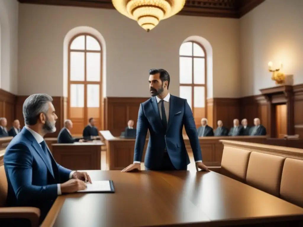 Sala de juicio elegante en España: abogados en acción Un tribunal español moderno con abogados discutiendo, reflejando el Proceso de Desahucio en España